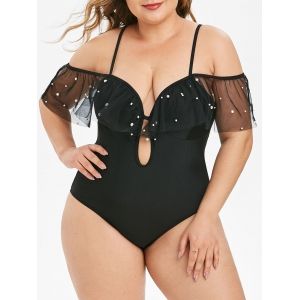 

Plus Size Faux Pearl Beading Mesh Flounce Keyhole Swimsuit, Black
