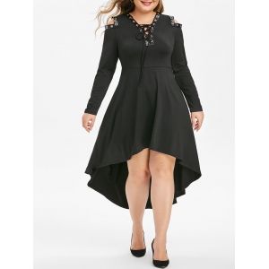

Plus Size Grommet Lace Up Cold Shoulder High Low Dress, Black