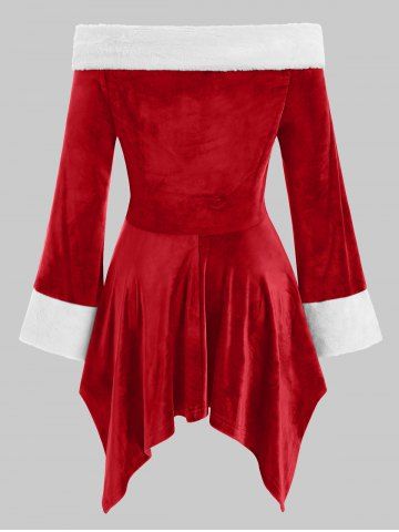 Plus Size Christmas Faux Fur Trim Lace-up Velvet Top, Red