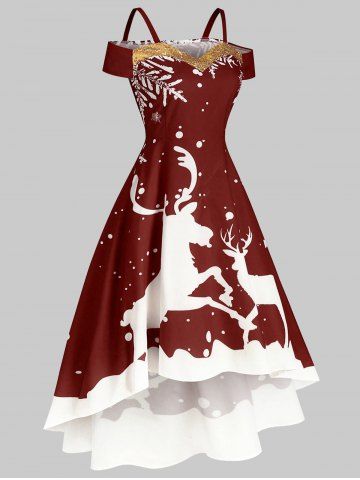 

Christmas Elk Open Shoulder Sequined Dip Hem Dress, Firebrick