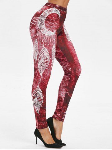 Feather Print Elastic Waist Skinny Leggings