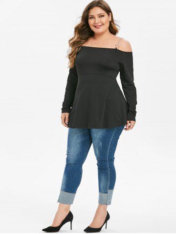 

Plus Size O-ring Chains Cold Shoulder Peplum Tee, Black
