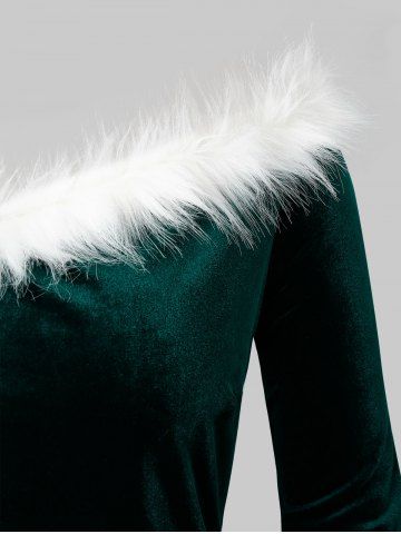 

Plus Size Off Shoulder Velvet Faux Fur T Shirt, Greenish blue