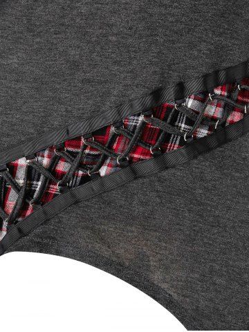

Plus Size High Low Lace Up Asymmetrical Plaid Hooded Tee, Dark gray