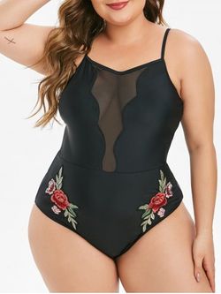 Mesh Panel Rose Embroidered Plus Size One-piece Swimsuit - BLACK - 5X