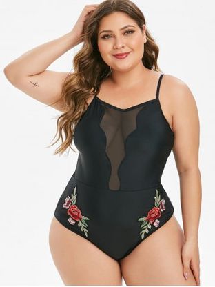Mesh Panel Rose Embroidered Plus Size One-piece Swimsuit