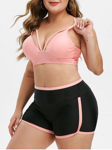 Contrast Binding Harness Strappy Plus Size Bikini Swimsuit - PINK - 4X