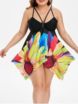 Acanalada floral tiras Pañuelo más el tamaño de traje de baño de Tankini - BLACK - L