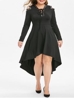 Plus Size Grommet Lace Up Cold Shoulder High Low Dress - BLACK - L