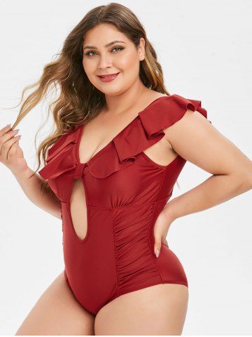 Plus Size 1950s Flounce Ruched Low Back Tied Plunge Swimsuit