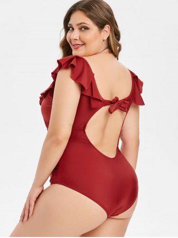 Plus Size 1950s Flounce Ruched Low Back Tied Plunge Swimsuit