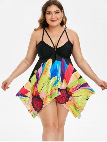 Ruched Floral Strappy Handkerchief Plus Size Tankini Swimsuit