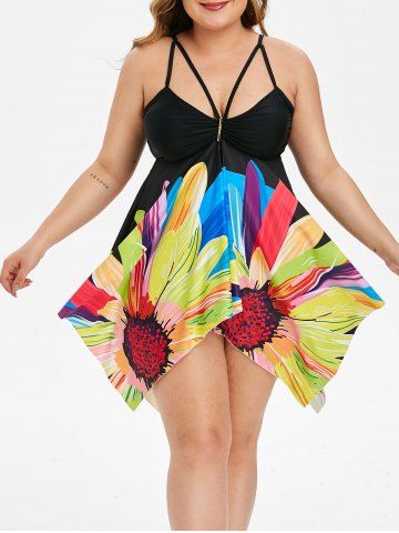 Ruched Floral Strappy Handkerchief Plus Size Tankini Swimsuit - BLACK - 1X