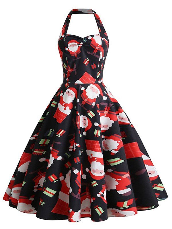 

Santa Claus Print Christmas Flared Dress, Black
