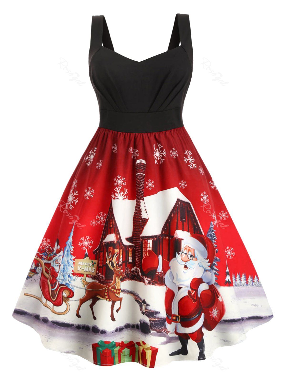 

Snowflake Ruched Snowman Santa Claus Christmas Plus Size Dress, Red