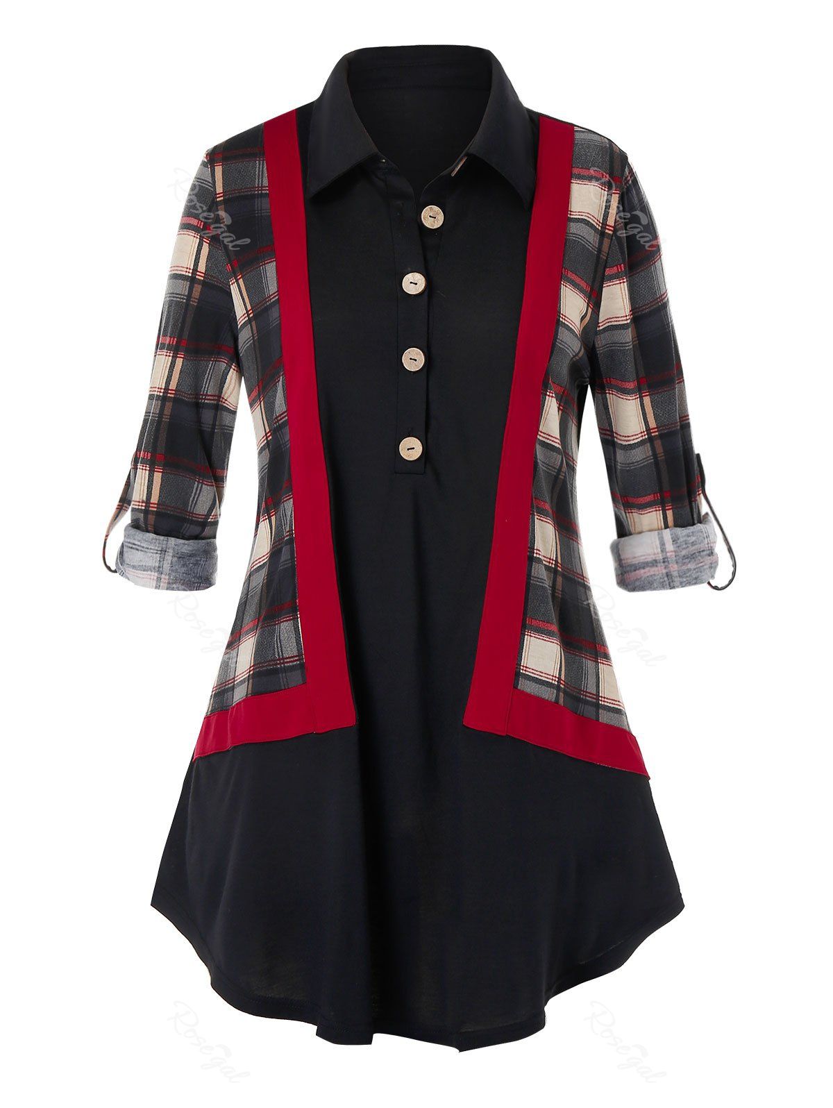 

Plus Size Plaid Half Placket Roll Tab Sleeve Tunic Top, Multi