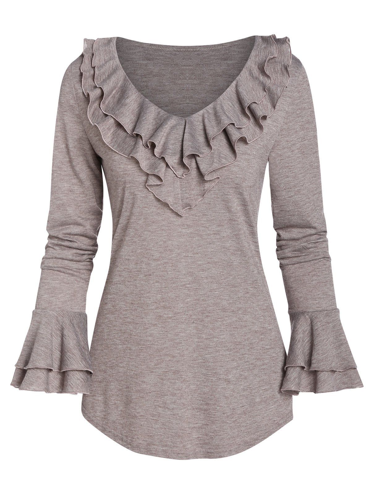 

Ruffle V Collar Flare Sleeve T Shirt, Ash gray
