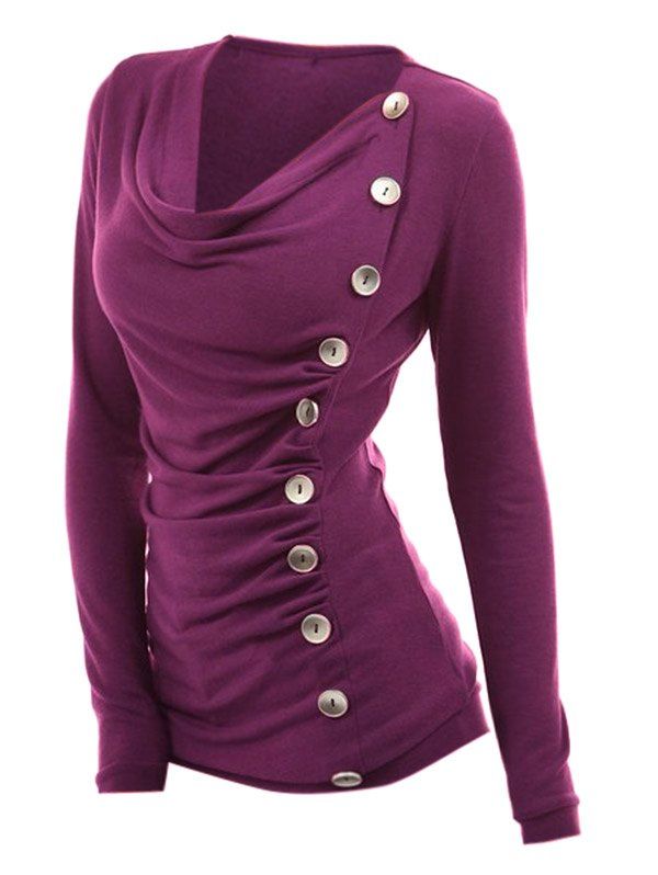 

Cowl Neck Buttoned Ruched Top, Plum