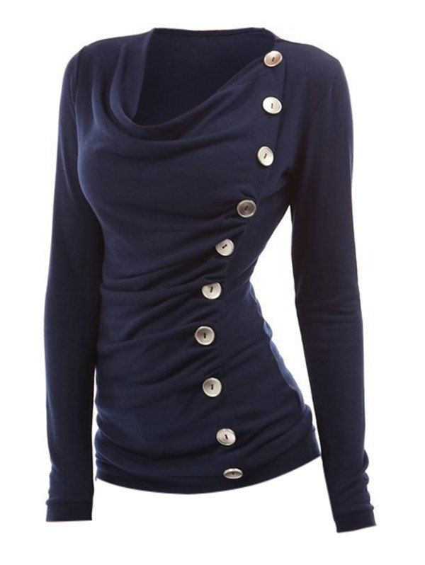 

Cowl Neck Buttoned Ruched Top, Deep blue