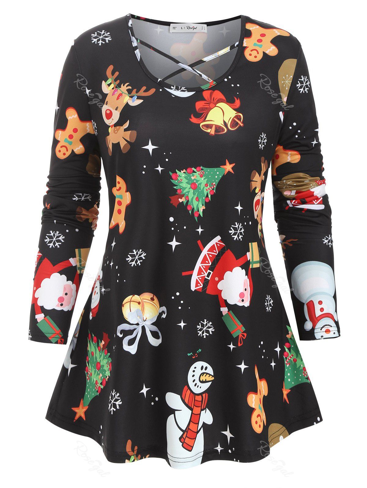 

Plus Size Christmas Tree Stocking Balloon Crisscross Tunic Top, Natural black