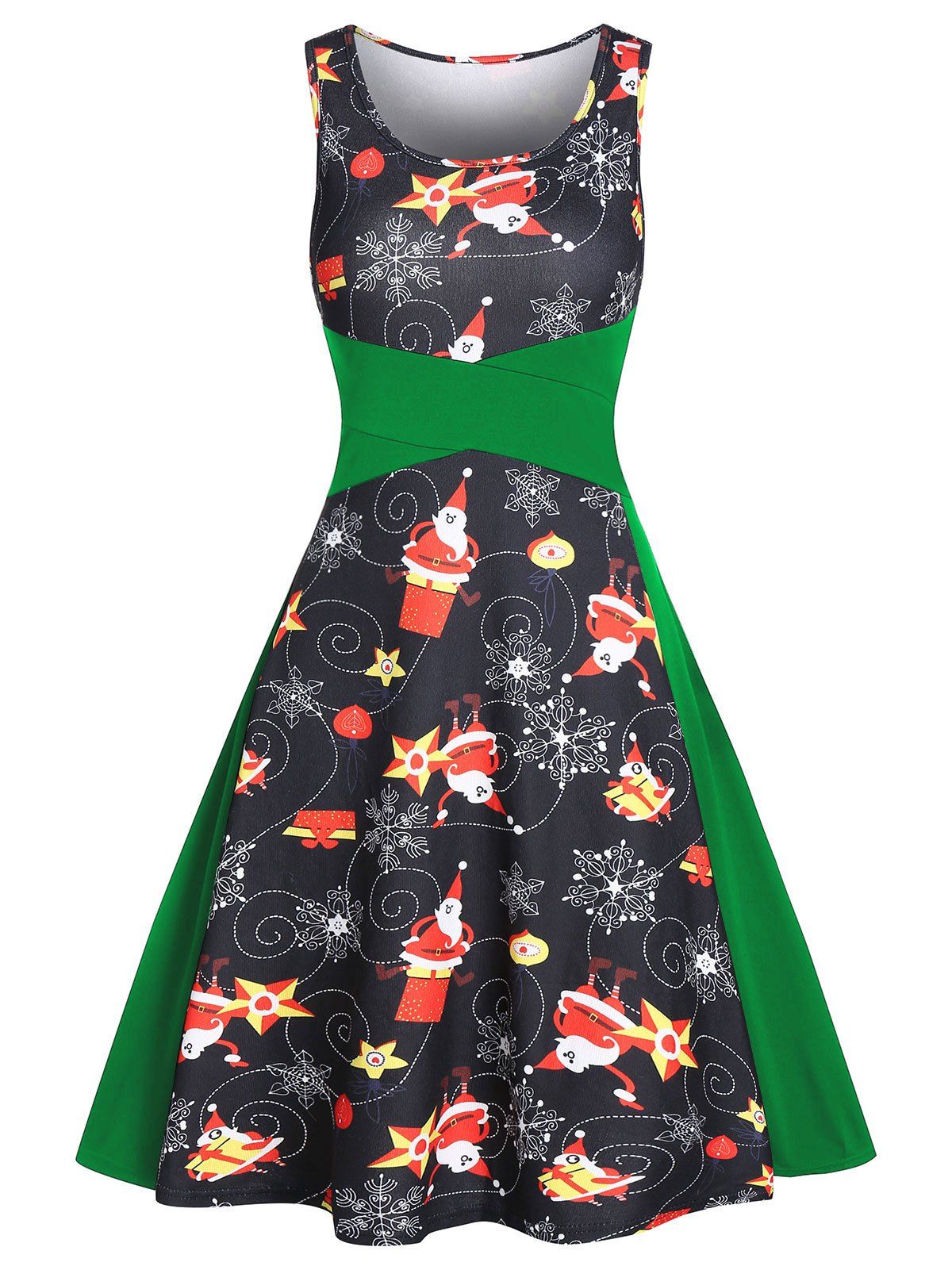

Vintage Snowflake Santa Claus Print Christmas Dress, Clover green