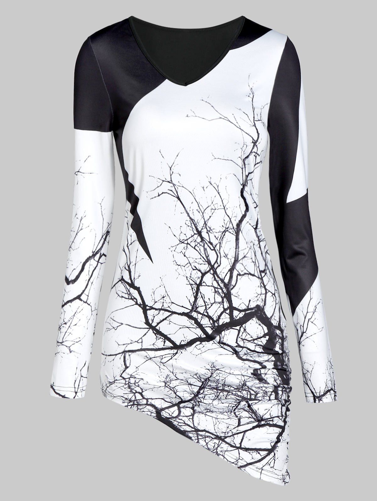 

Tree Print V Neck Asymmetric T Shirt, Multi-a