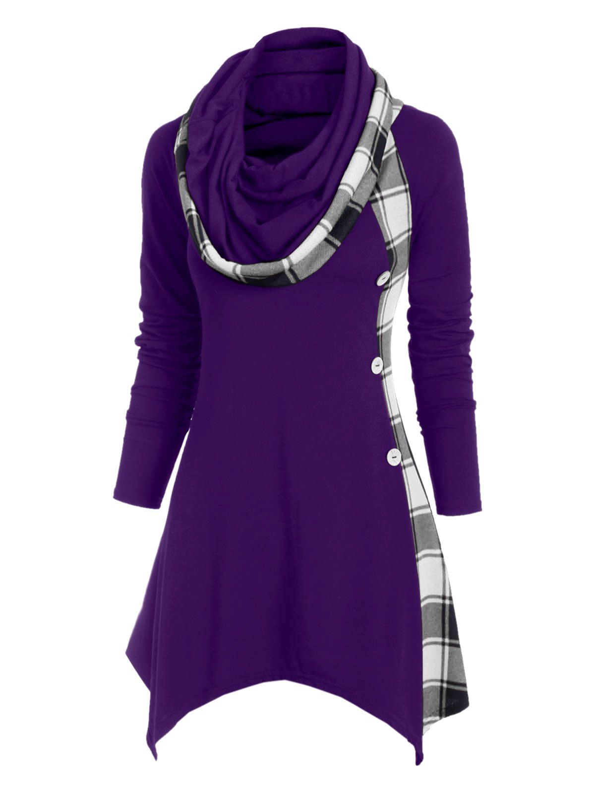 

Plaid Convertible Neck Button Embellished Asymmetrical T-shirt, Dull purple