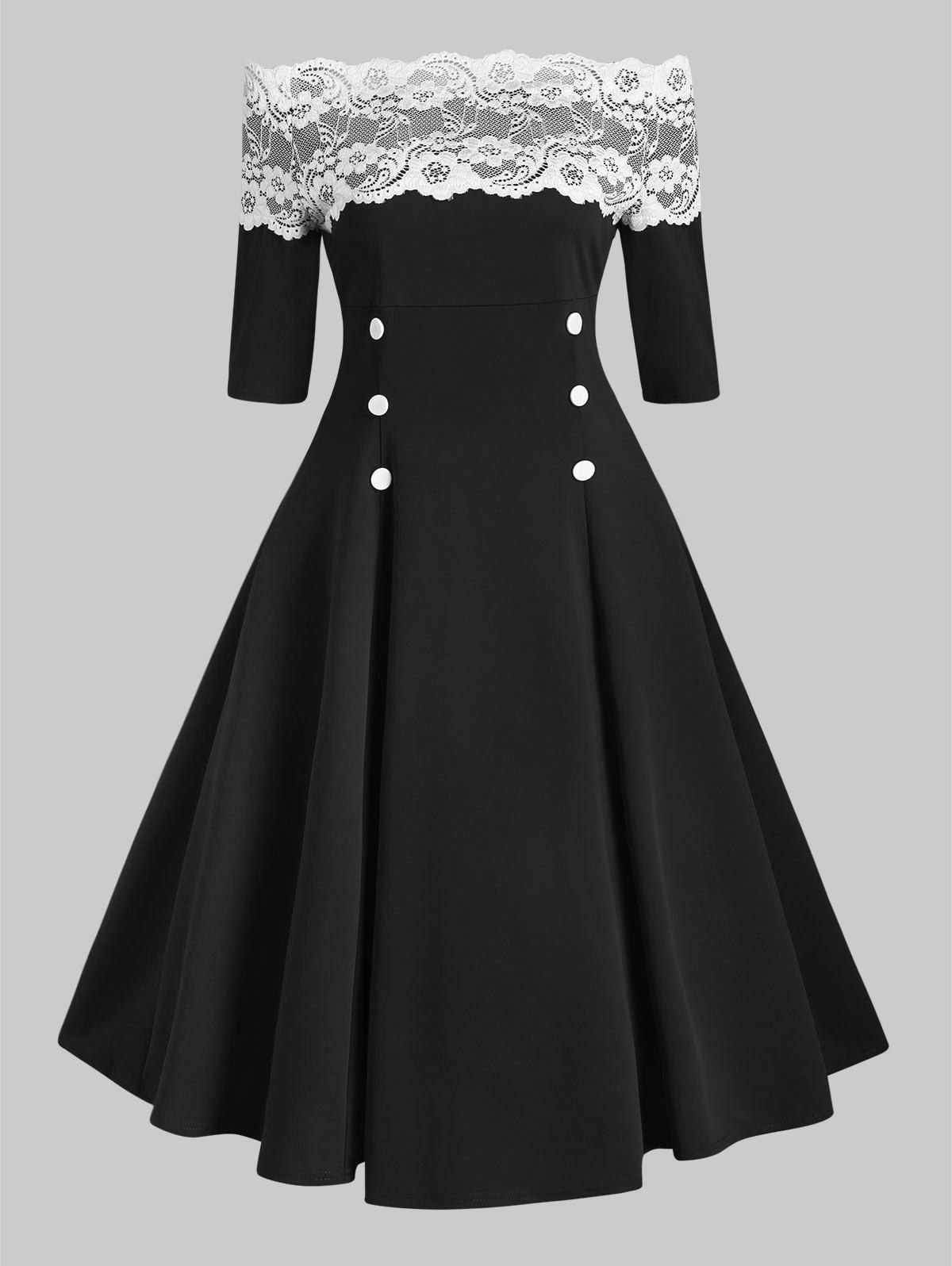 

Lace Insert Off Shoulder Button Embellished Dress, Black