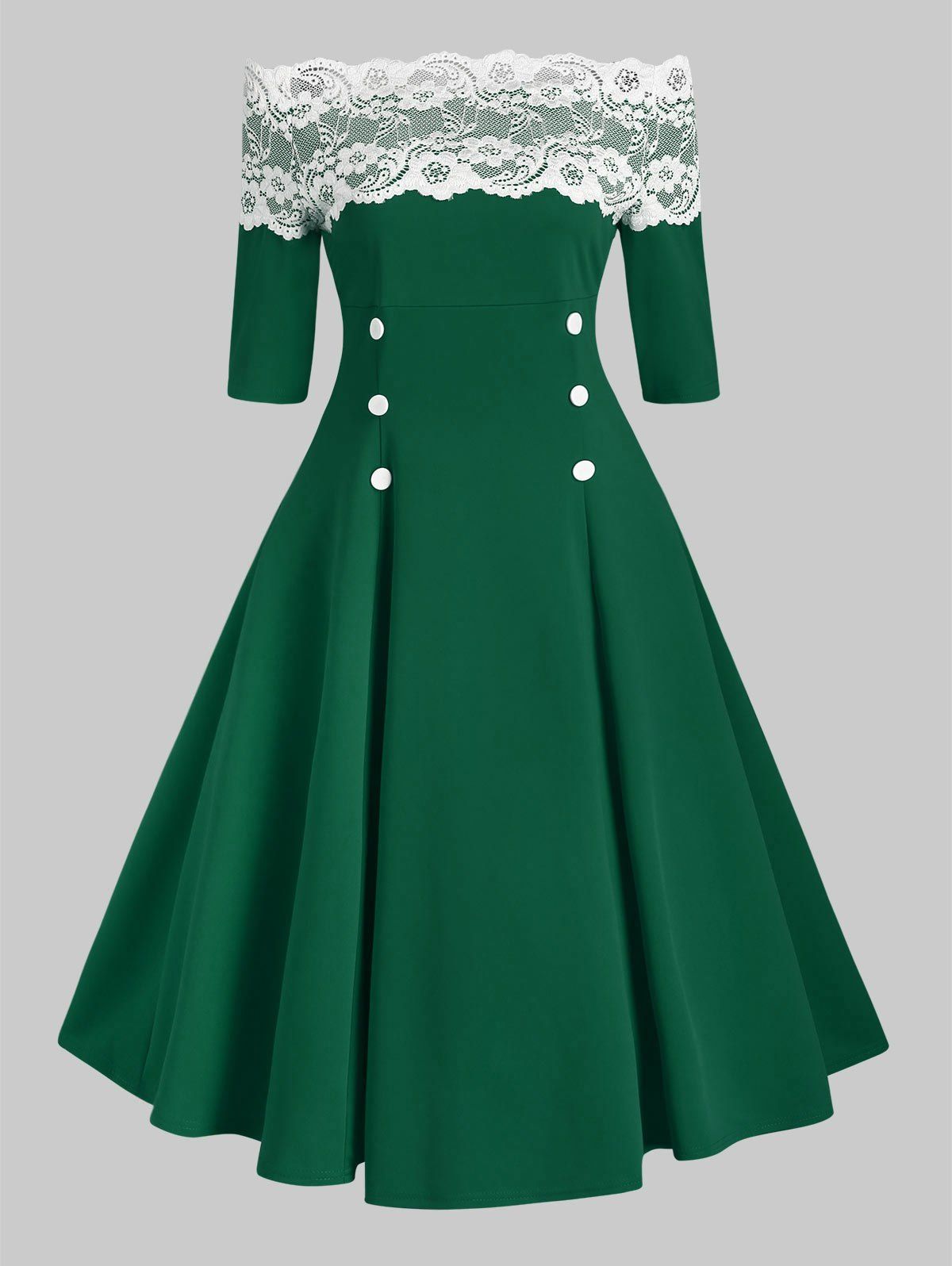 Lace Insert Off Shoulder Button Embellished Dress, Medium forest green