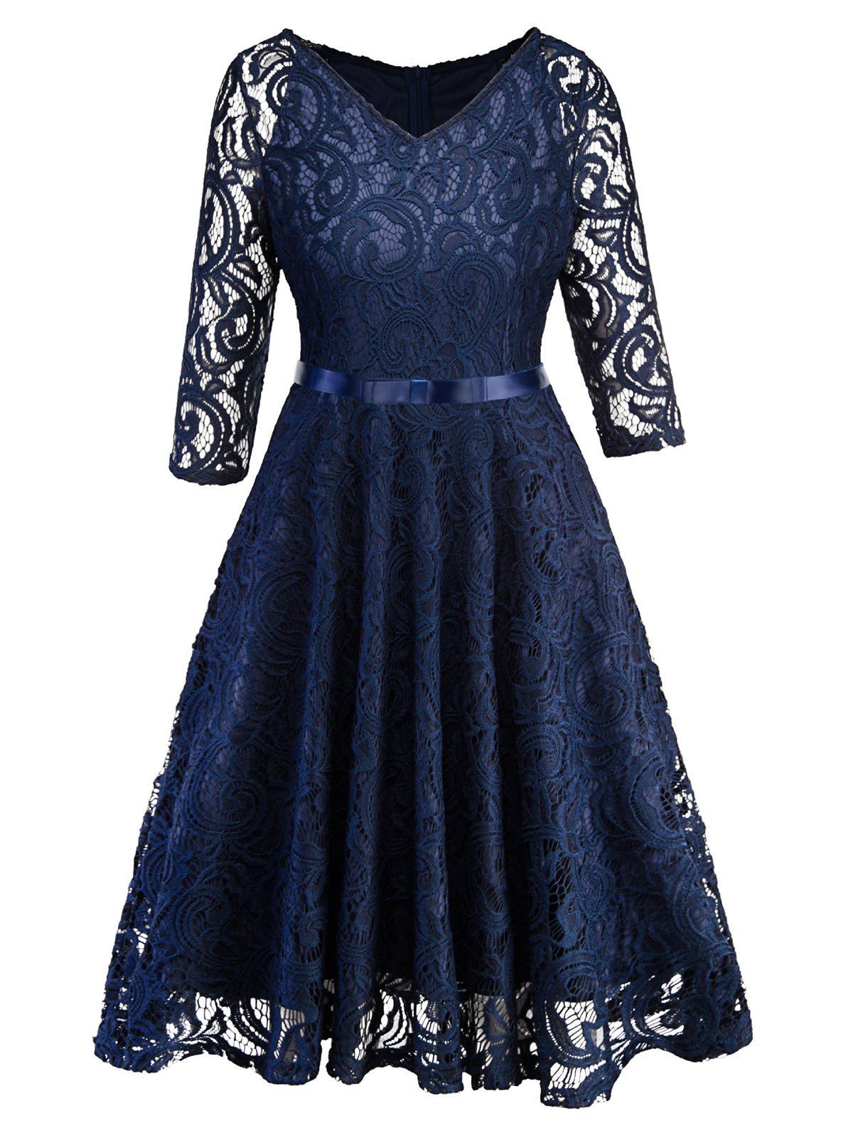 

Half Sleeves Belted Lace Flare Dress, Deep blue