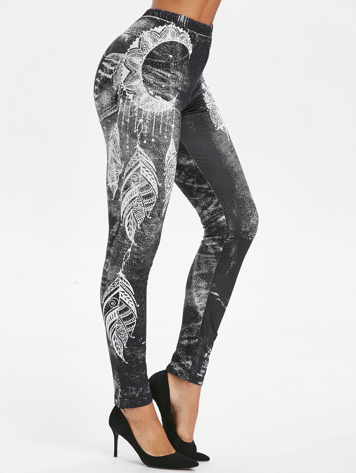 

Feather Print Elastic Waist Skinny Leggings, Black
