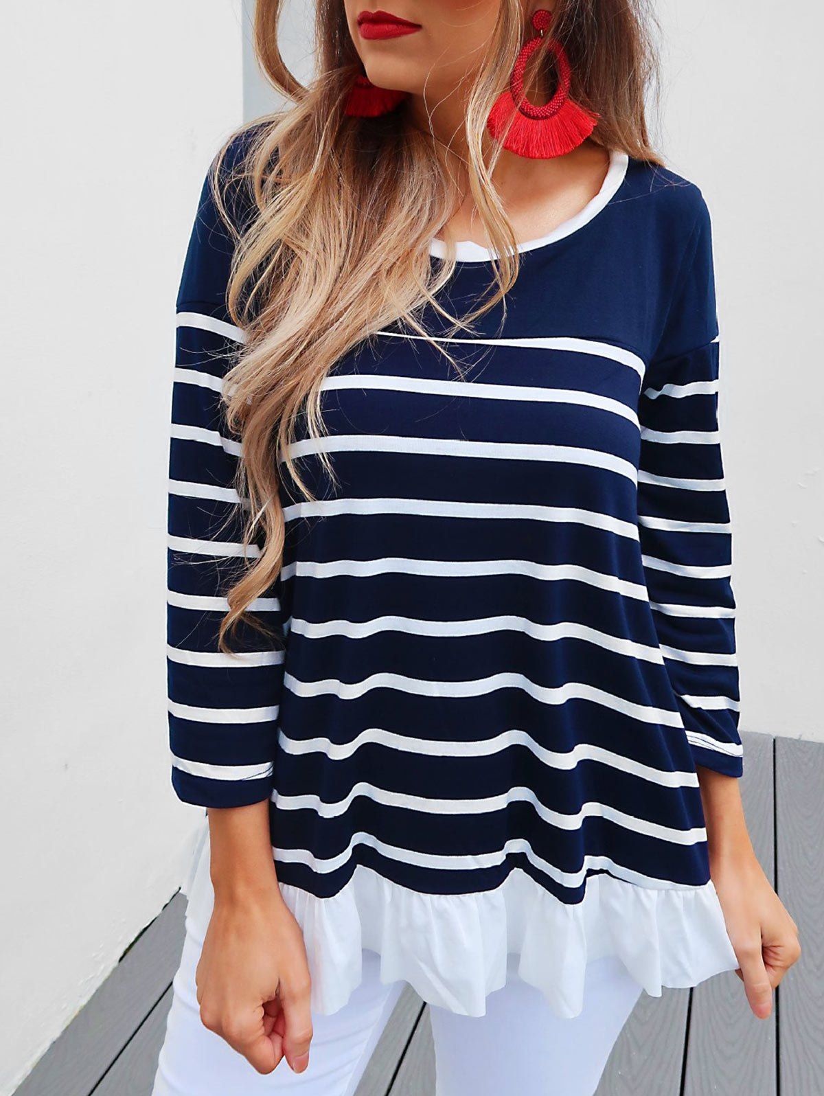 

Striped Back Knot Ruffle Long Sleeve, Deep blue