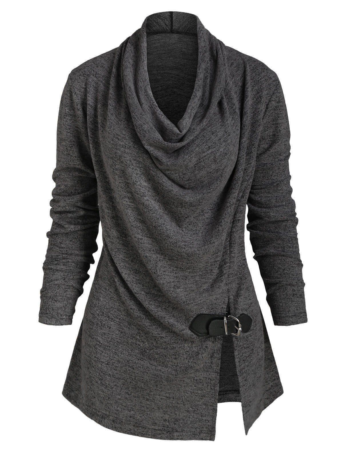 

Heather Slit Buckle Cowl Neck Knitwear, Black