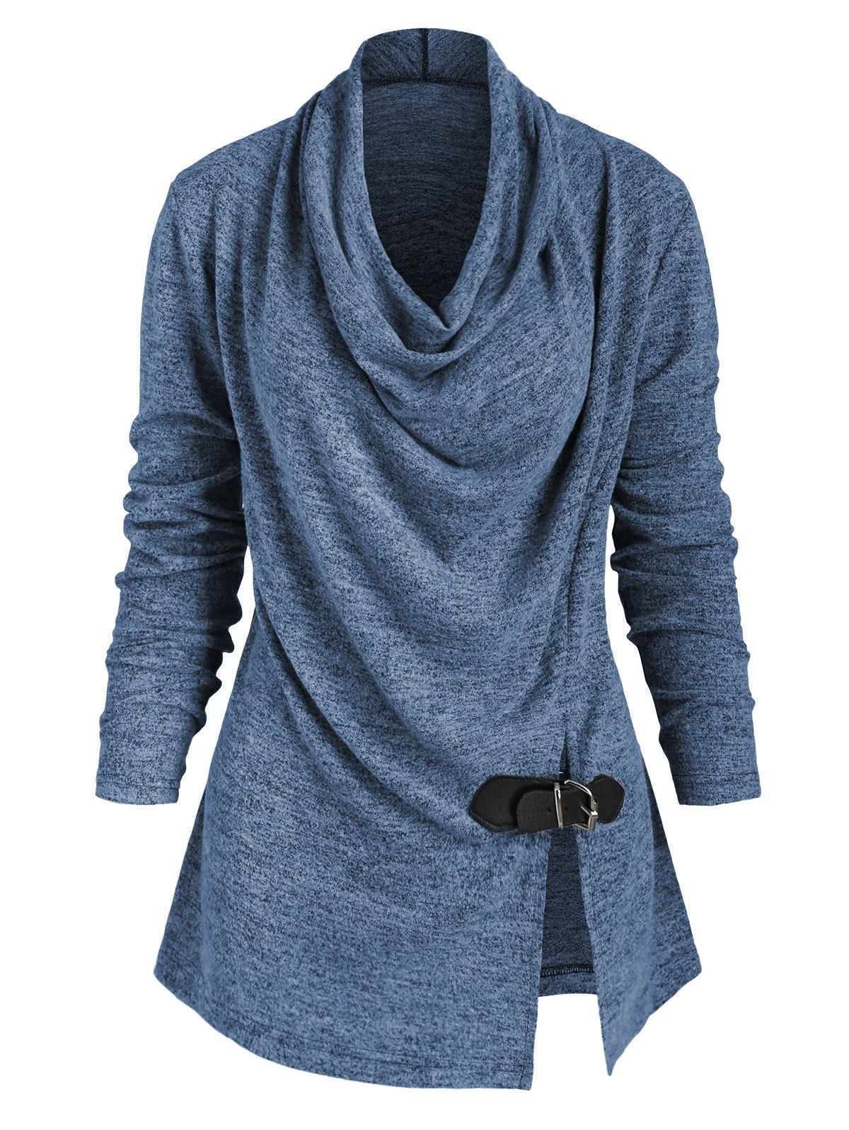 

Heather Slit Buckle Cowl Neck Knitwear, Lapis blue
