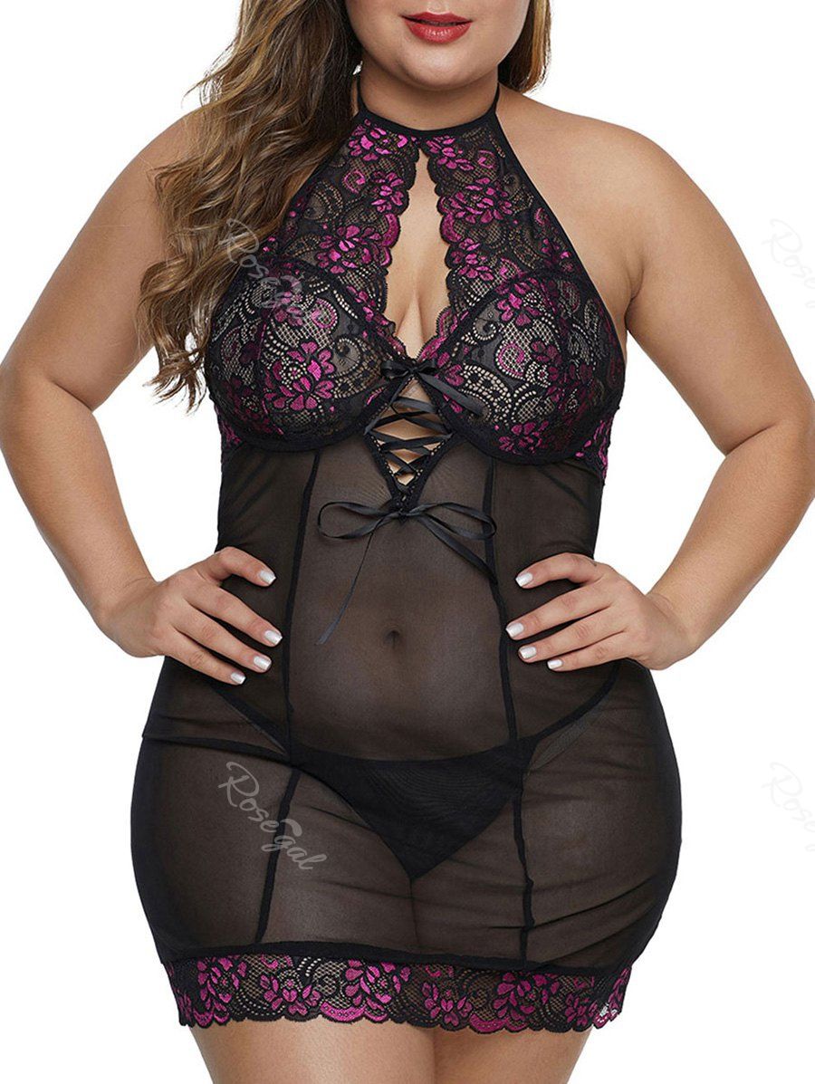 

T Back Lace Panel Keyhole Lace Up Sheer Mesh Plus Size Babydoll, Black