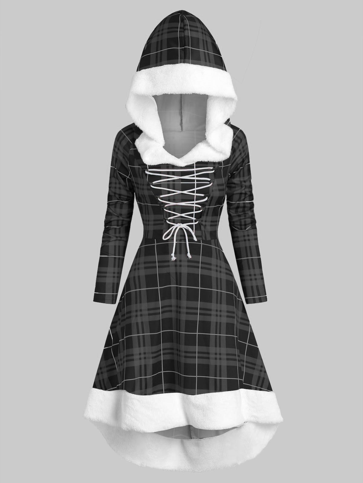 

Hooded Lace Up Dip Hem Plaid Faux Fur Panel Dress, Black