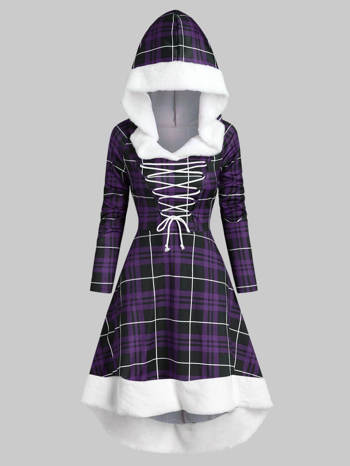 

Hooded Lace Up Dip Hem Plaid Faux Fur Panel Dress, Dark orchid