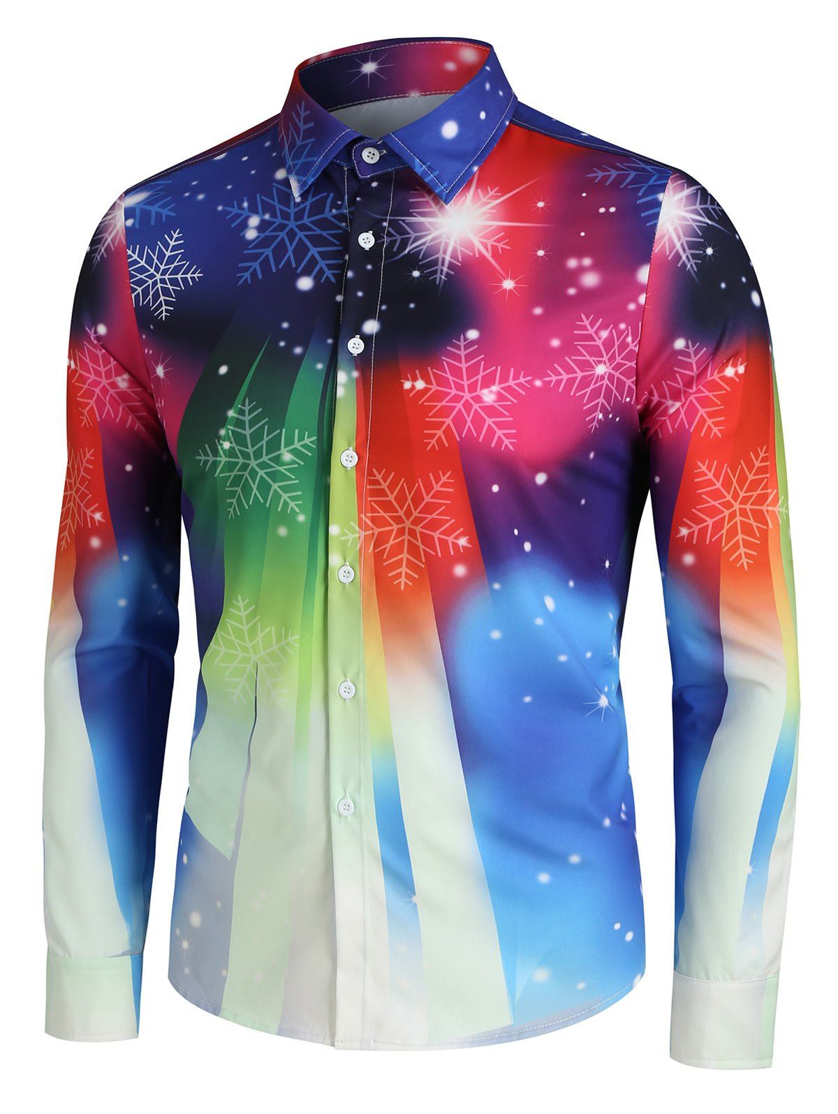 

Christmas Snowflake Colorful Print Button Up Long Sleeve Shirt, Multi-a