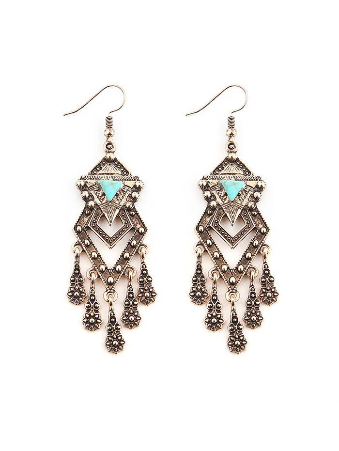 

Bohemian Carved Geometric Turquoise Fringed Earrings, Gold