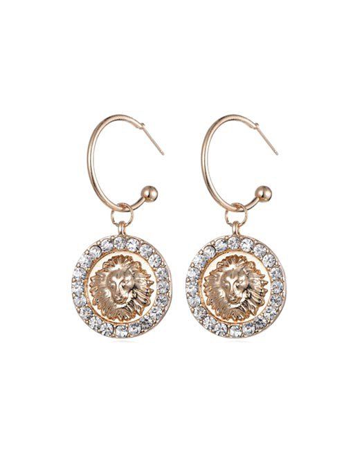 

Round Lion Head Rhinestone Drop Earrings, Gold