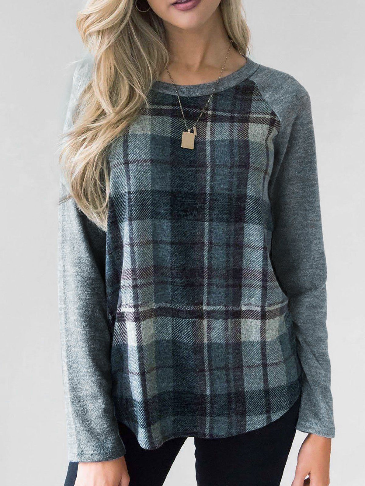 

Checked Raglan Sleeve Top, Blue gray