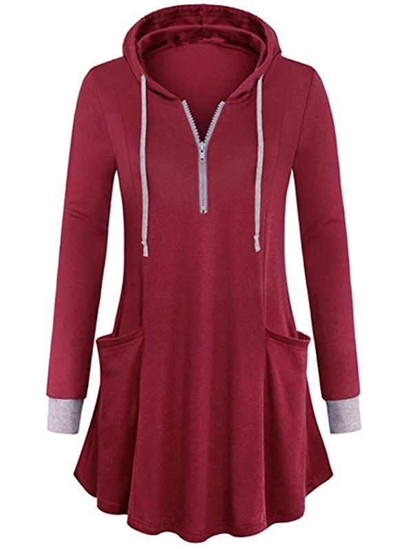 

Plus Size Pockets Half Zip Hooded T Shirt, Red wine