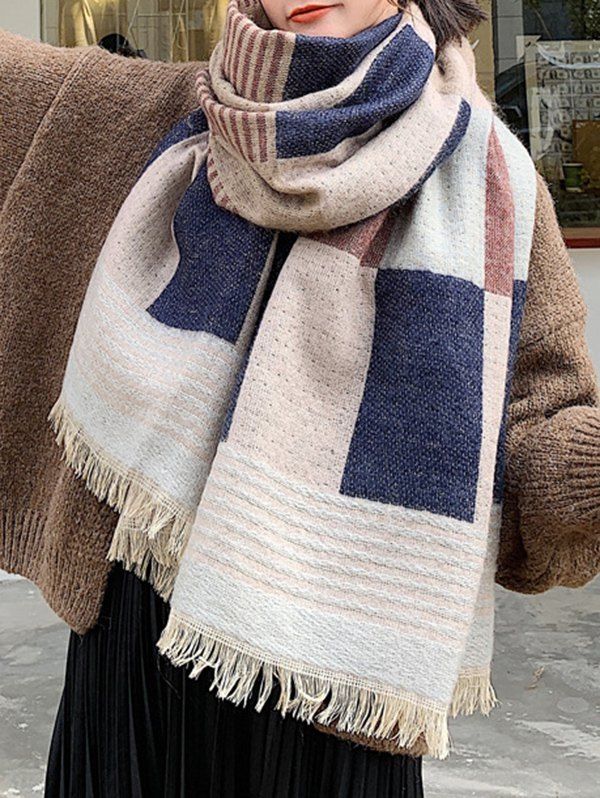 

Winter Checkered Stripe Fringe Long Scarf, Warm white