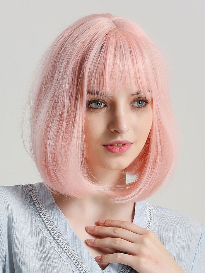 

Medium Straight Synthetic Full Bang Bob Wig, Light pink