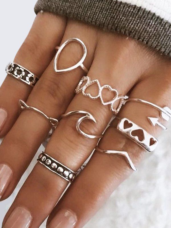 

9Pcs Hollow Heart Floral Arrow Cat Ring Set, Silver