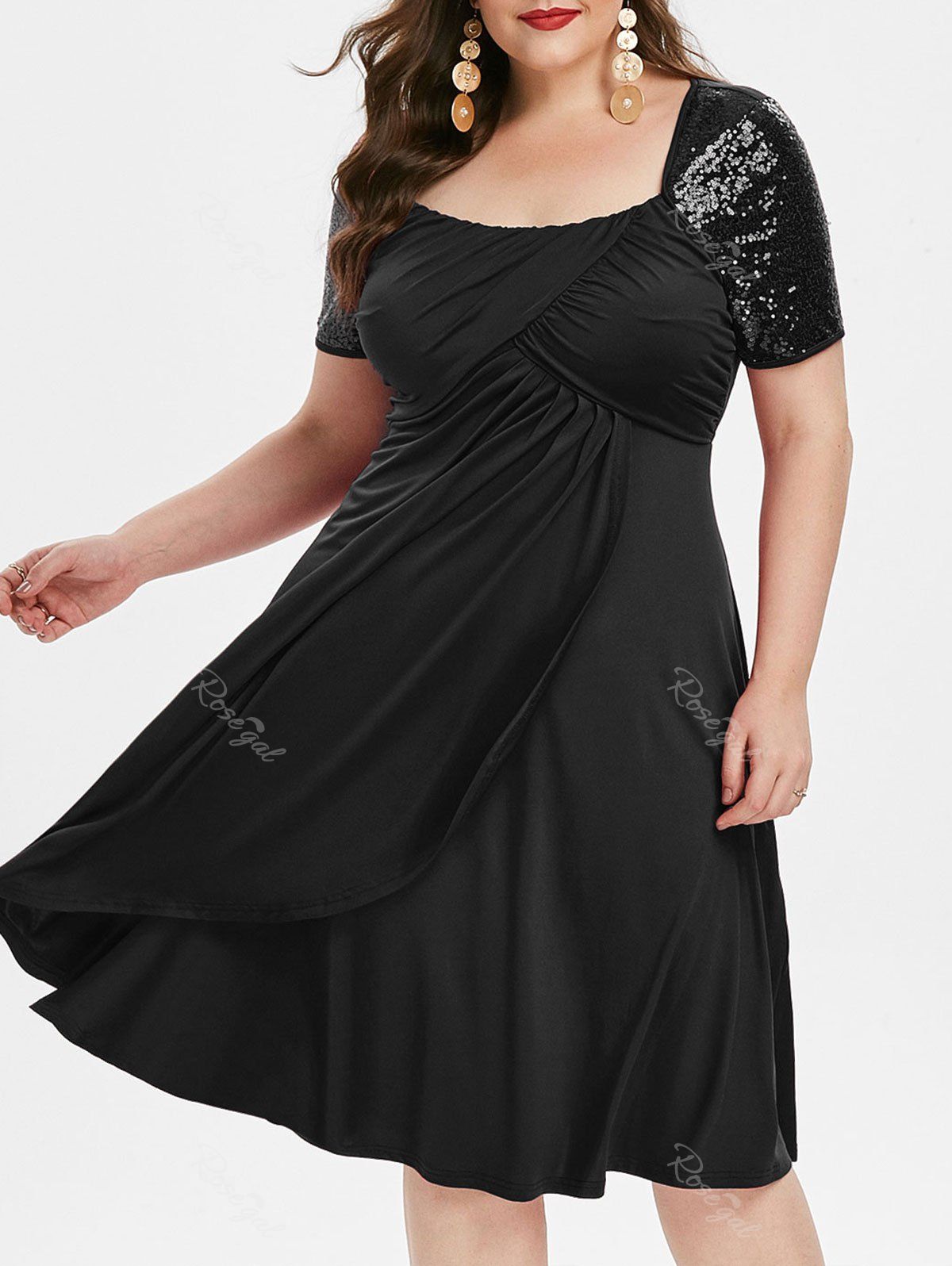 

Plus Size Sequined A Line High Waist Dress, Black