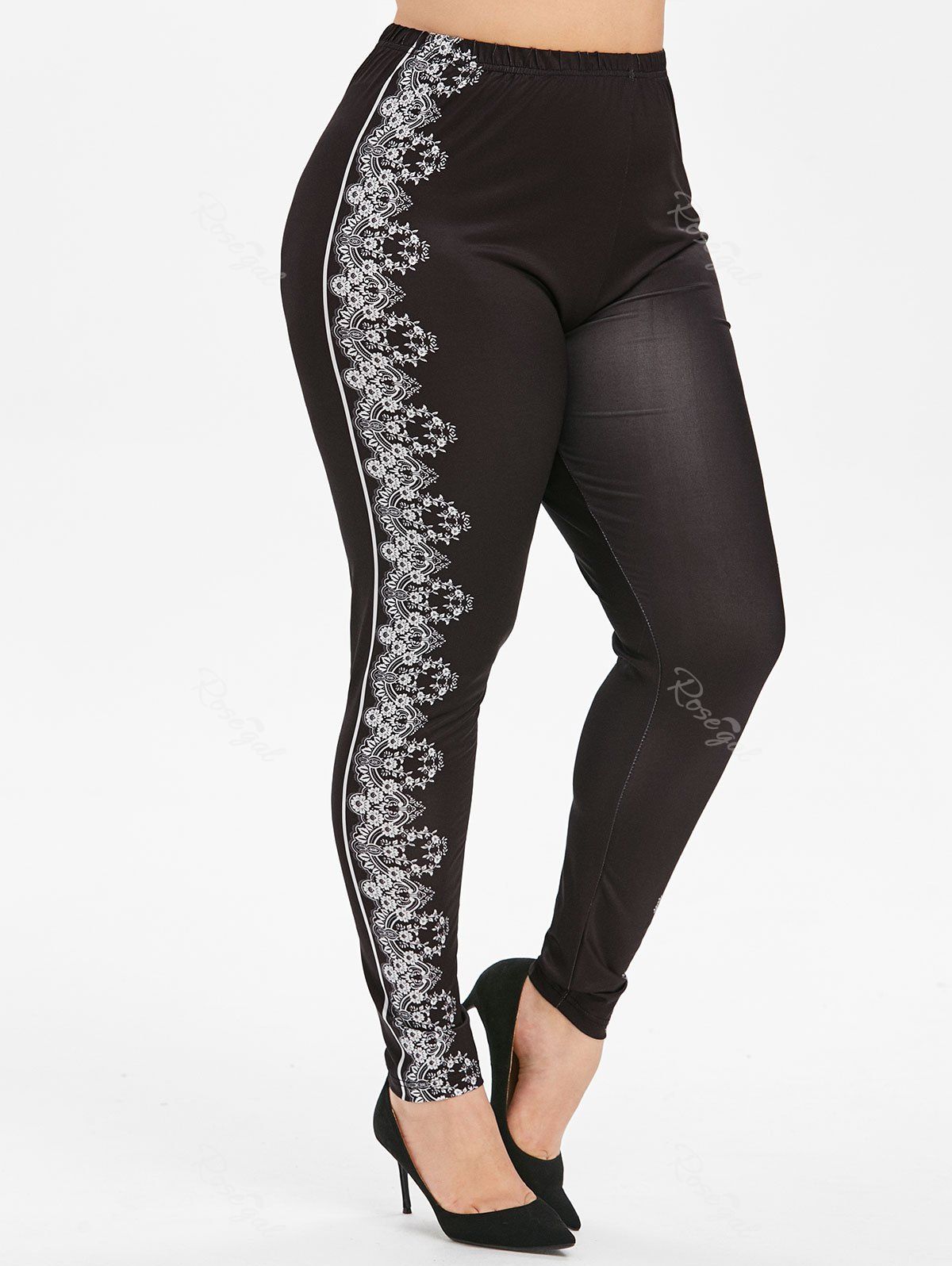 

Plus Size Contrast Flower Print High Waisted Leggings, Black