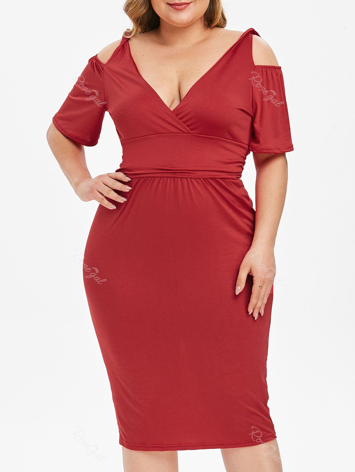 

Plus Size Surplice Cold Shoulder Open Back Dress, Red