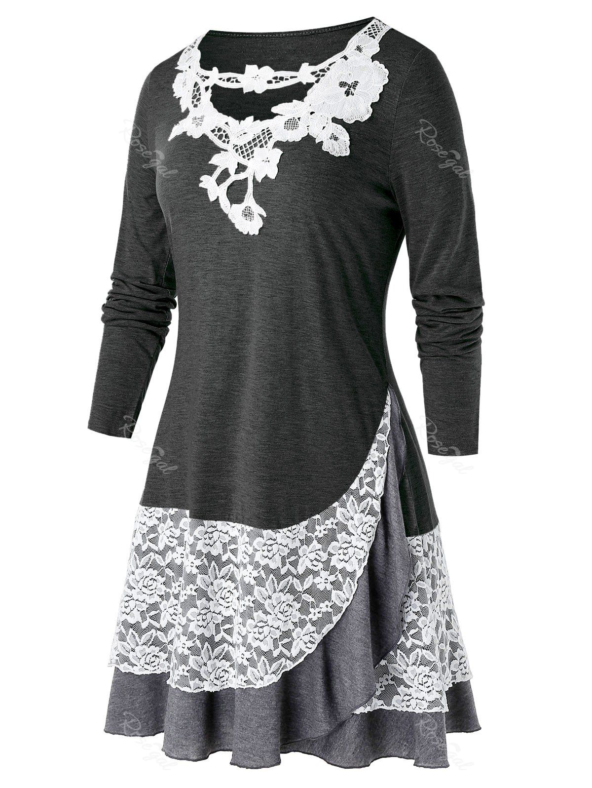 

Plus Size Applique Lace Panel Flounce Long Sleeve Tee, Carbon gray