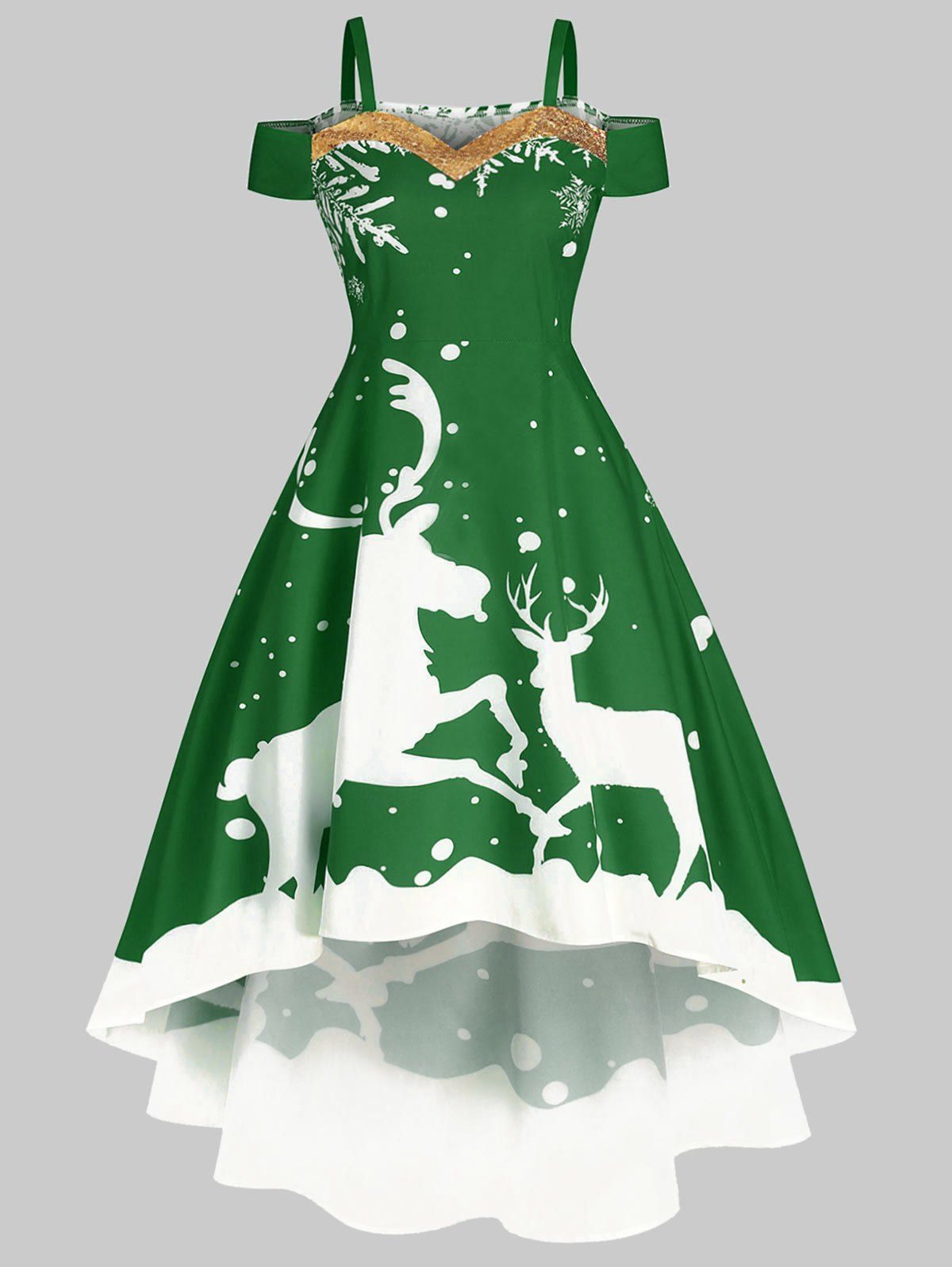 

Christmas Elk Open Shoulder Sequined Dip Hem Dress, Green
